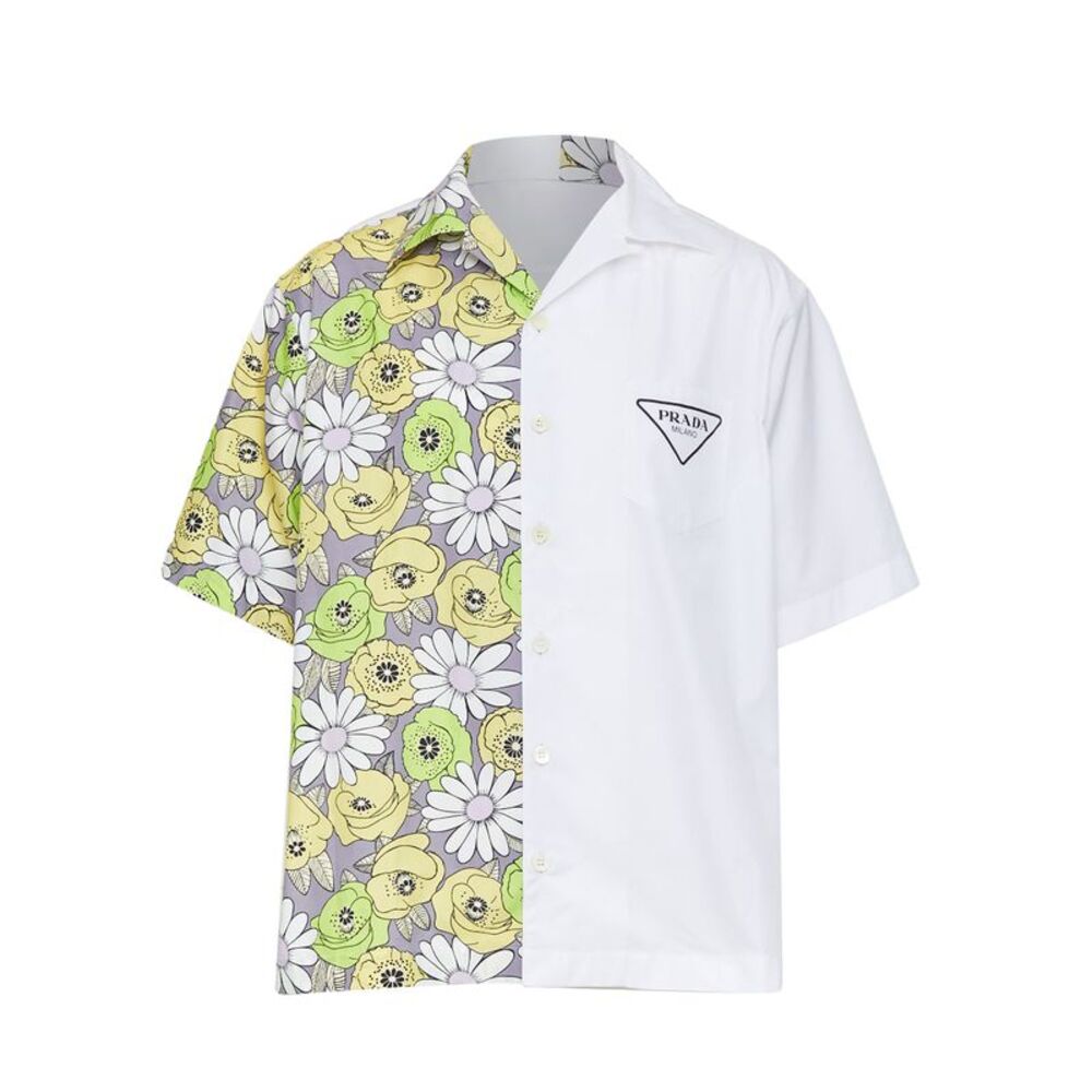 PRADA 2021 Runway Double Match Blossom daisy floral split cotton bowling shirt L